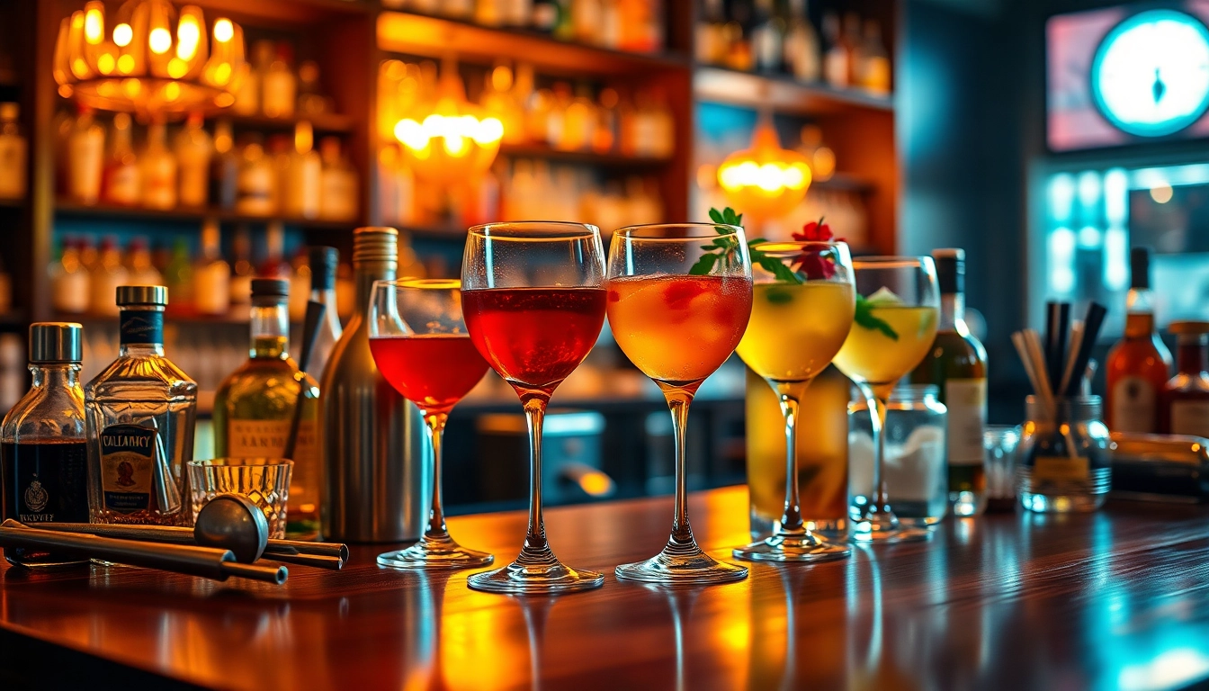 Creating vibrant cocktails at a Bar with elegant glassware and lively atmosphere.