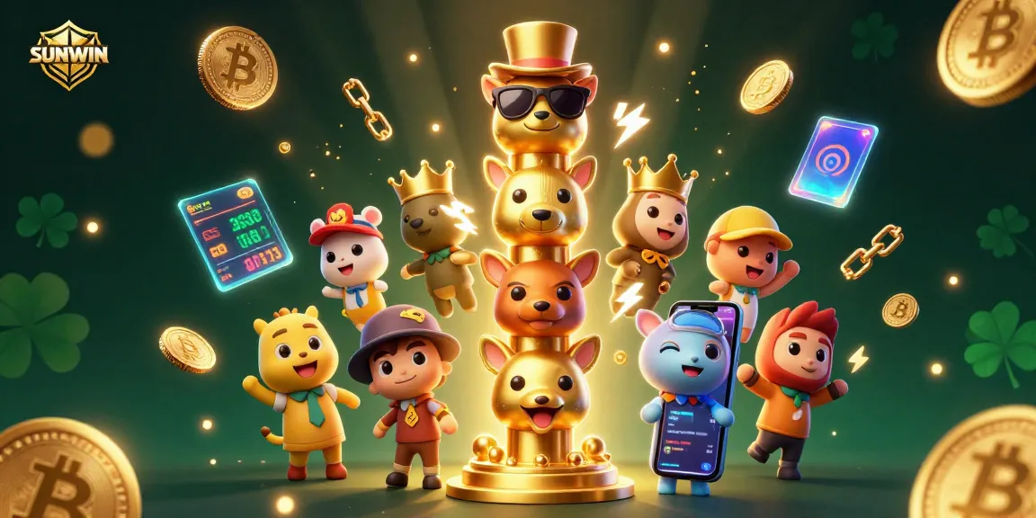 SUNWIN showcases a vibrant 3D illustration featuring a golden totem pole, surrounded by crypto casino elements.