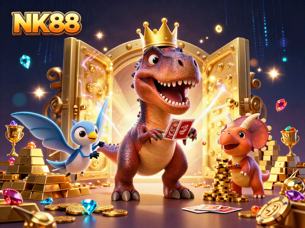 Experience thrilling gaming at NK88 with a lively scene featuring dinosaurs and casino excitement.