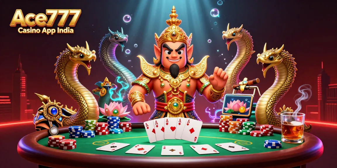 Ace777 Casino App India showcases an engaging 3D scene with vibrant casino elements and unique characters.