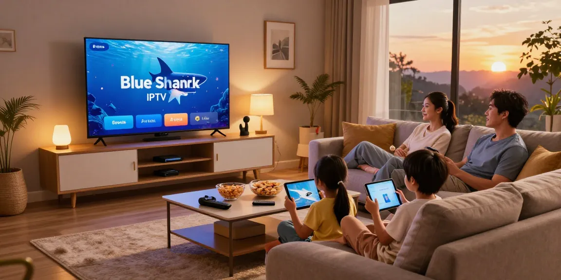 Family enjoying Blue Shark IPTV in a cozy living room with children playing and snacks nearby.
