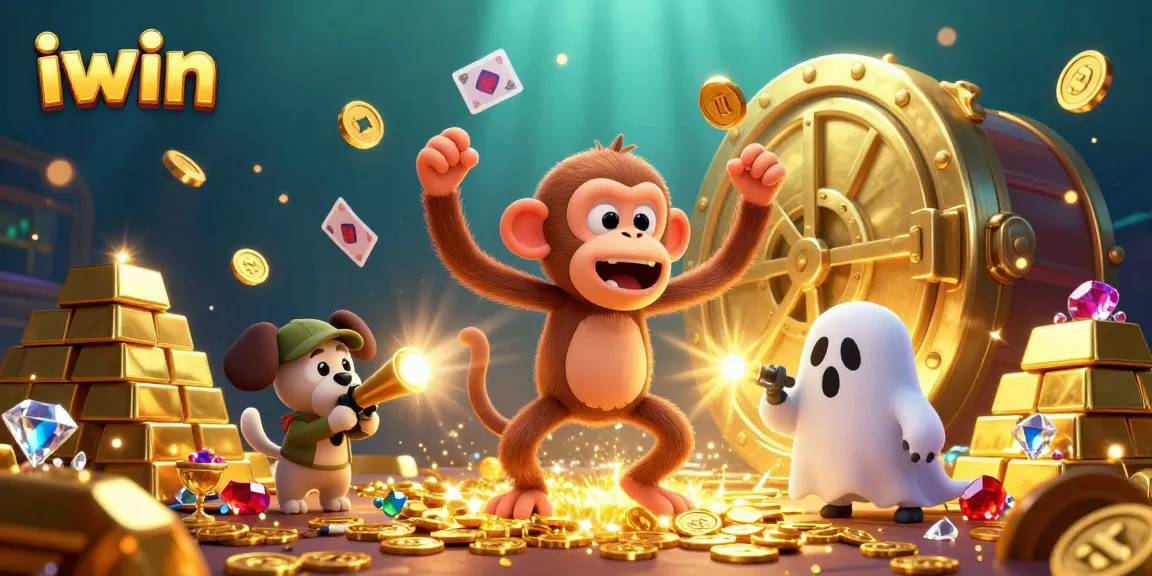 Iwin club promotes thrilling gaming with a mischievous ghost and puppy discovering treasures.