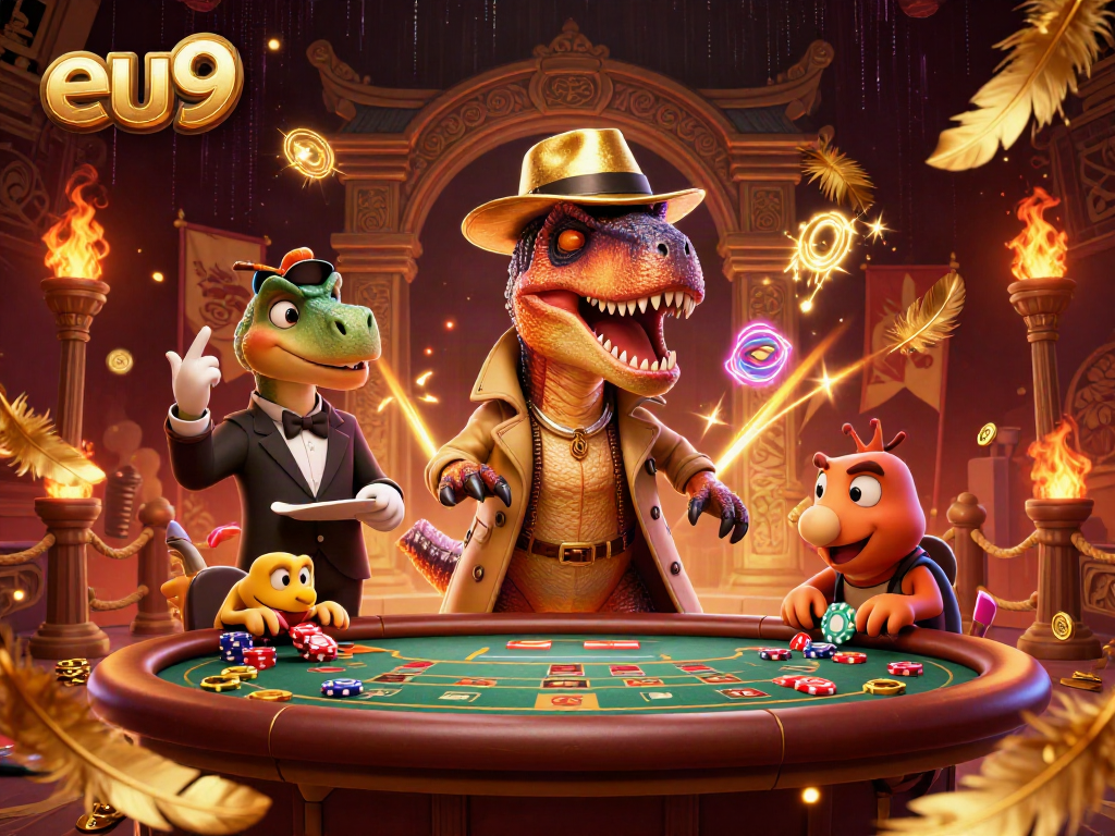 Play eu9 at an exciting blackjack table with cartoon dinosaurs, vibrant atmosphere, dynamic gaming action.