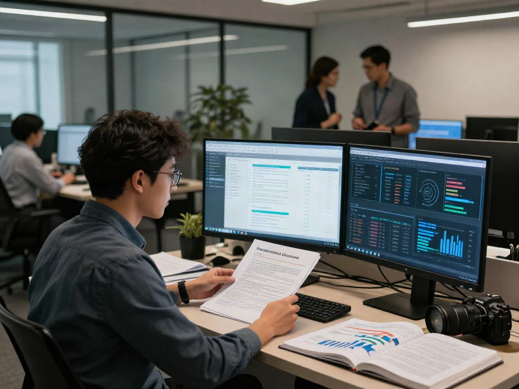 Cybersecurity professional analyzing a document fraud detection solution in a dynamic office environment.