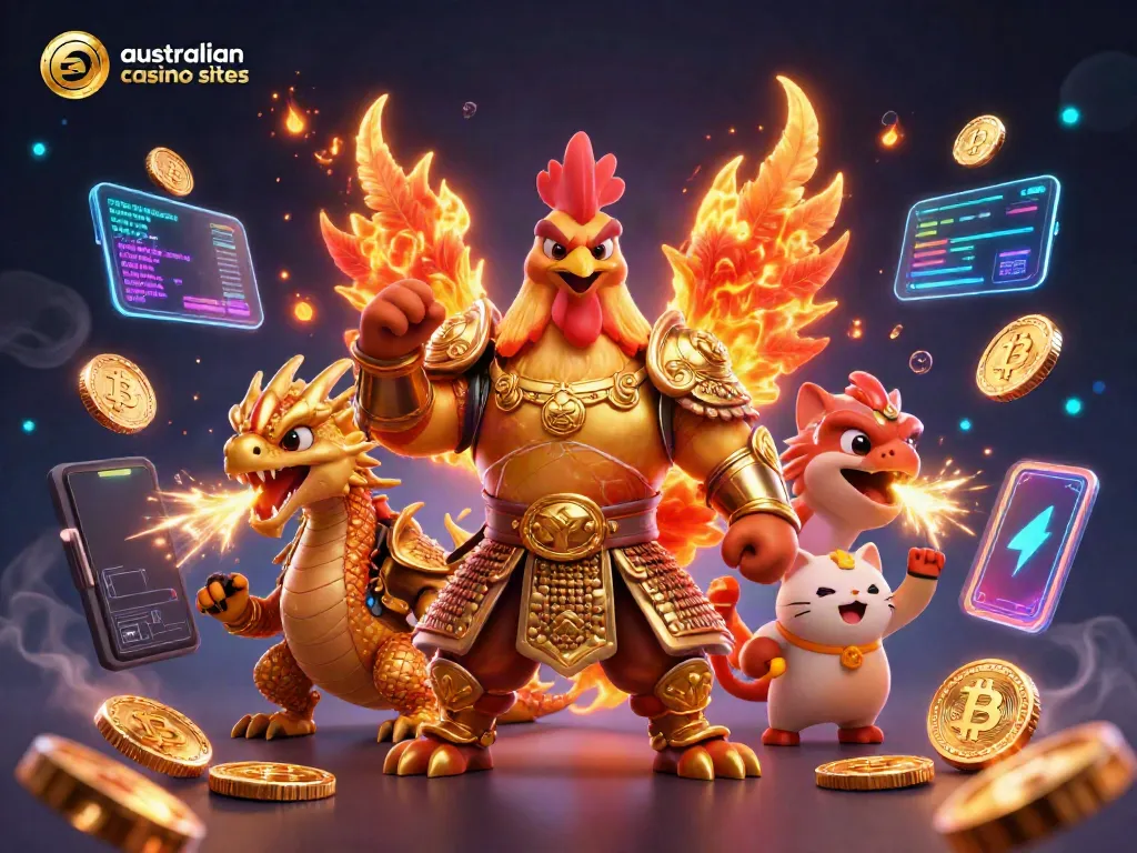Experience thrilling action in australian online casino sites featuring cartoon rooster warrior and dragon hatchling.