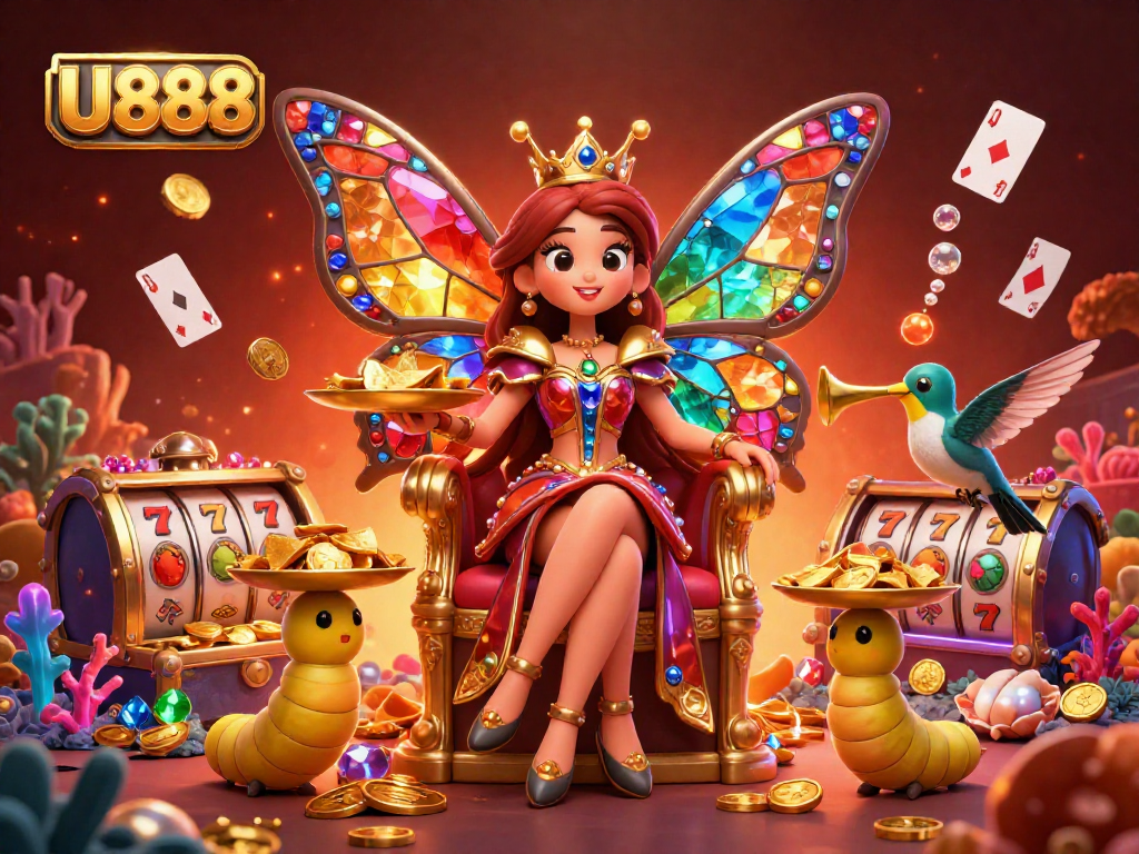 Experience the vibrant U888 casino scene with a butterfly queen and golden chips amidst floating cards.