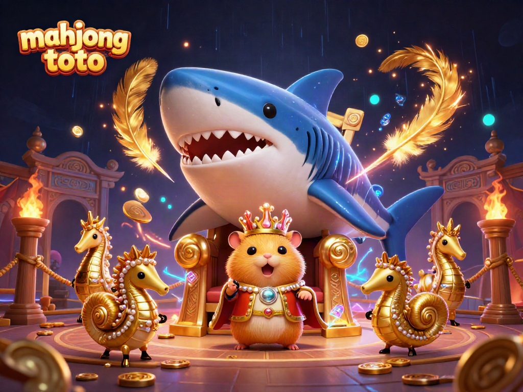Engage with mahjong toto showcasing a fierce golden hamster king amidst dynamic casino elements.