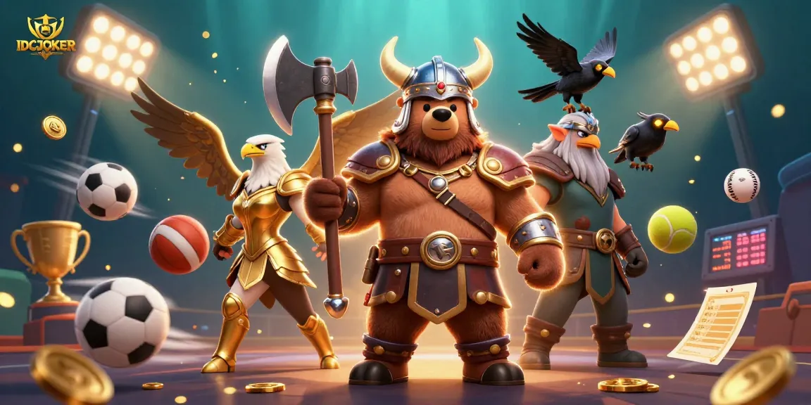 IDCJOKER takes center stage with a Viking bear and Valkyrie amidst vibrant sports betting action.