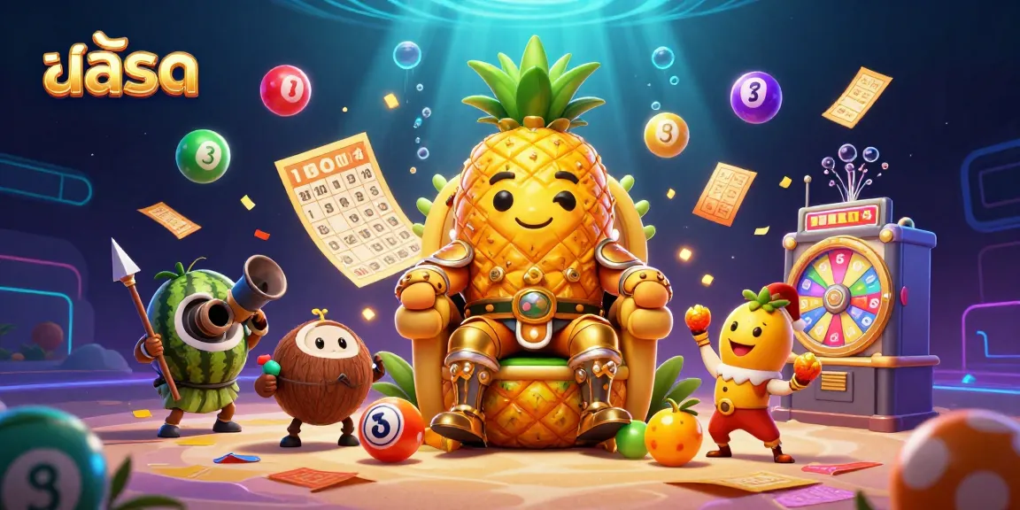 Engage with สล็อต gaming excitement featuring a vibrant golden pineapple king and colorful dynamic elements.