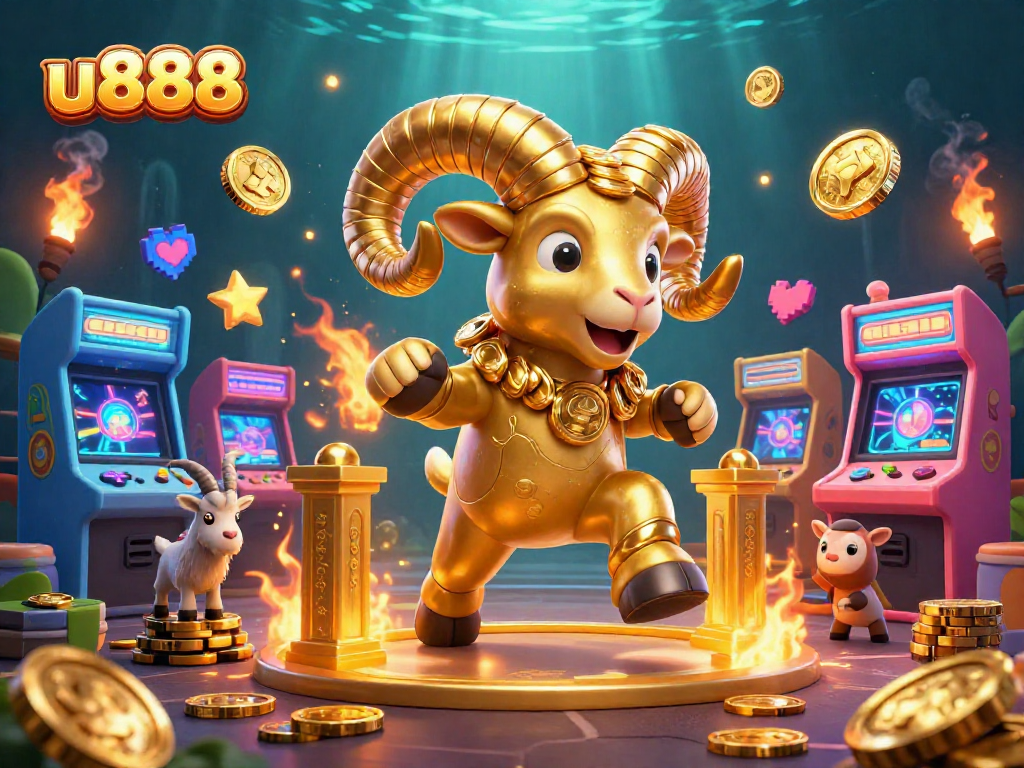 Join the excitement at u888 with a golden ram charging through a vibrant casino scene filled with games.
