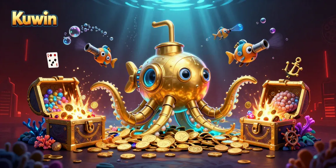 Kuwin gaming features a dynamic golden kraken submarine amidst rich treasures, captivating gamers.