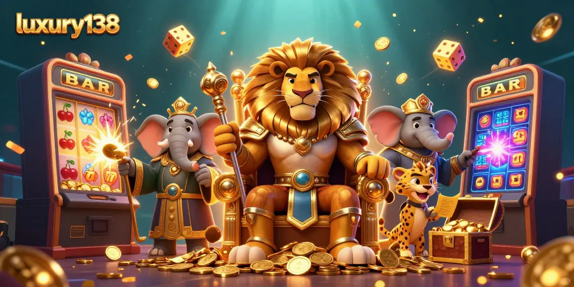 Experience the excitement of luxury138 with a vibrant casino scene featuring a regal lion king, elephant advisor, and cheetah messenger.