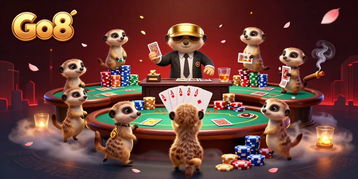 Go8 meerkats engaging in a lively casino scene with poker elements and vibrant gameplay.